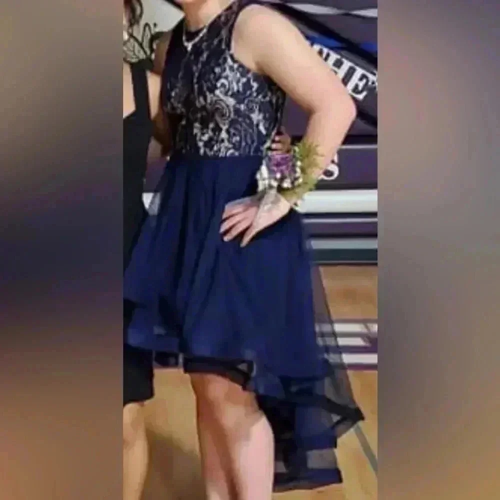 Navy Blue Lace Hi-Low Formal Dress - Picture 6 of 6